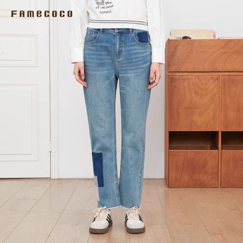 Famecoco范可儿复古水洗拼接磨毛通勤显瘦直筒牛仔裤FAB6GA017