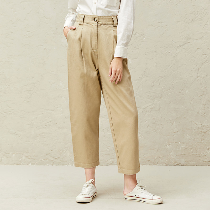 Famecoco折扣店文艺宽松弯刀裤显瘦纯棉休闲裤萝卜裤F221GA019