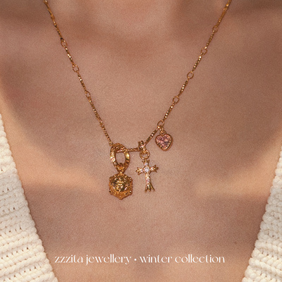 ZZZITA Pink Bubble～原创粉色闪钻十字架项链小众设计感锁骨链