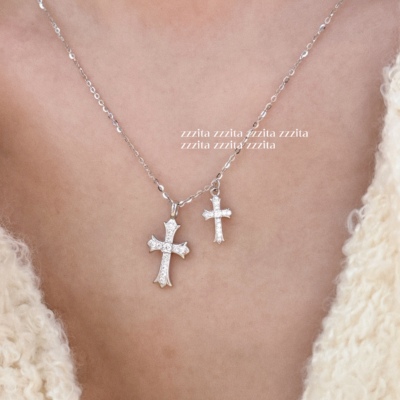 ZZZITA 美高甜星·Double Cross～925银百搭高级闪钻双十字架项链