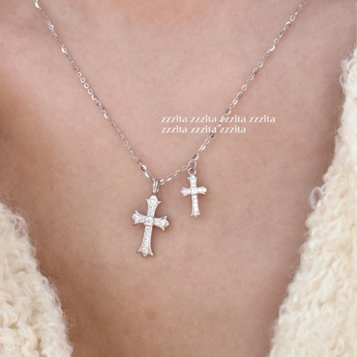 ZZZITA 美高甜星·Double Cross～925银百搭高级闪钻双十字架项链
