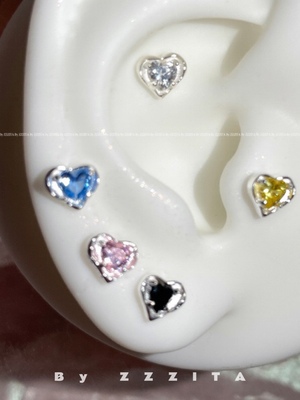 925养耳洞纯银彩色爱心耳钉