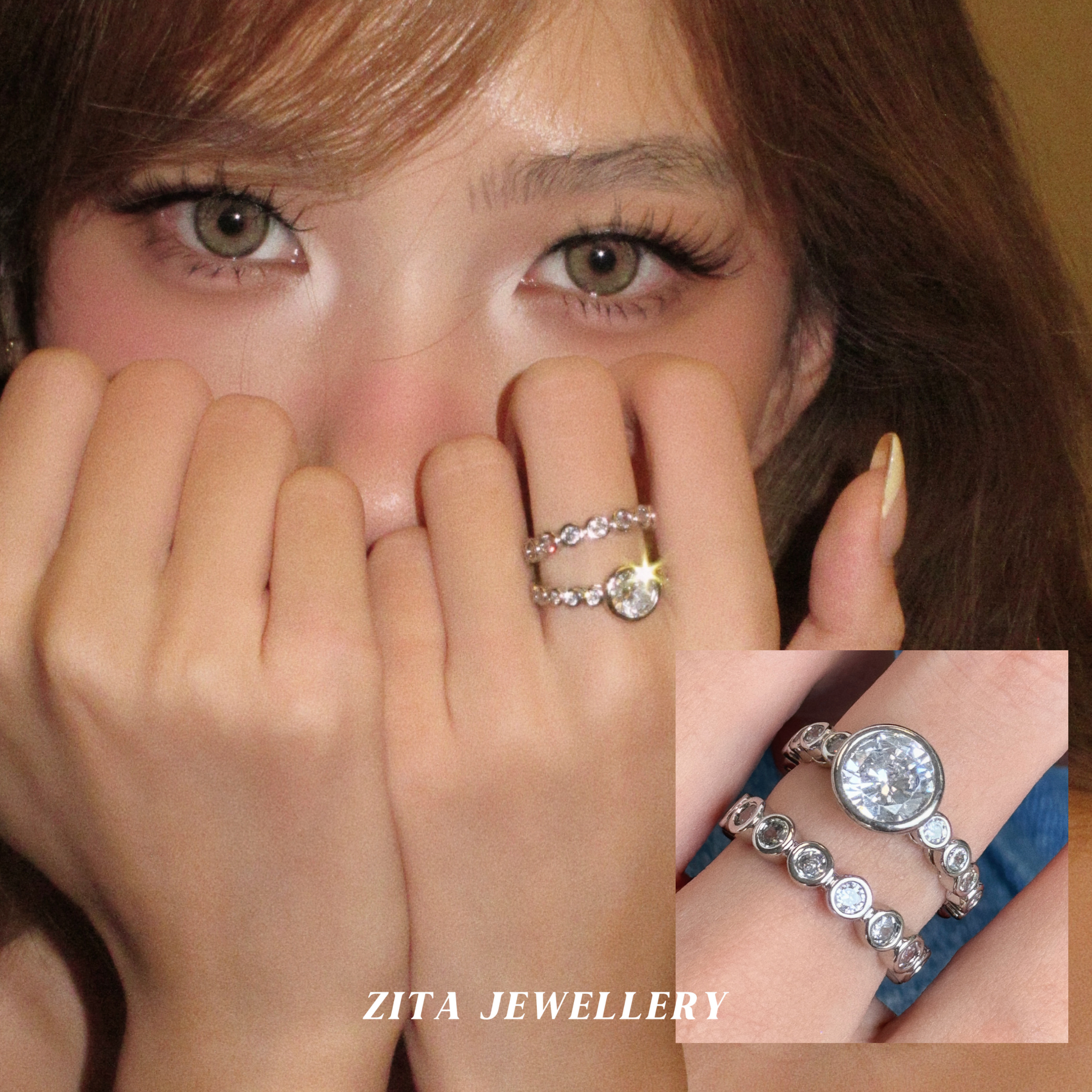 ZZZITA 亮晶晶～中古vintage银色闪钻戒指套装百搭简约设计感指环