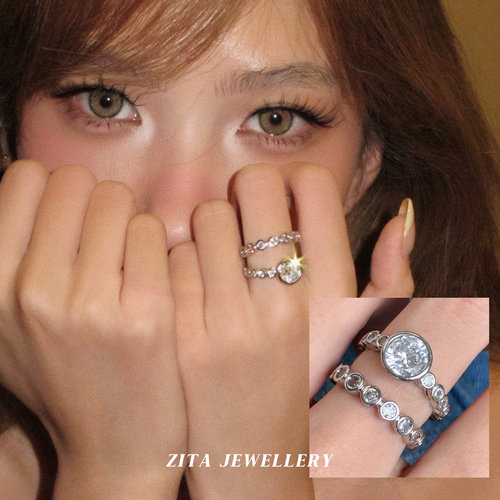 ZZZITA 亮晶晶～中古vintage银色闪钻戒指套装百搭简约设计感指环