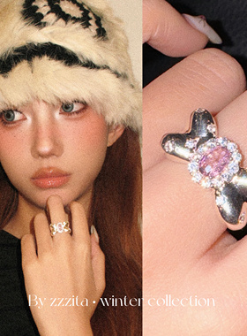 ZZZITA 甜心蝴蝶结～哑光银粉钻蝴蝶结戒指可爱甜美ins设计感指环