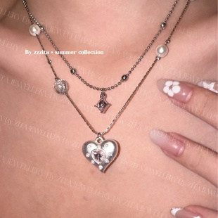 ZZZITA Heart～甜心粉钻拉丝银色爱心双层项链 韩女日记·Silver