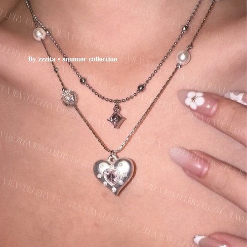 ZZZITA 韩女日记·Silver Heart～甜心粉钻拉丝银色爱心双层项链