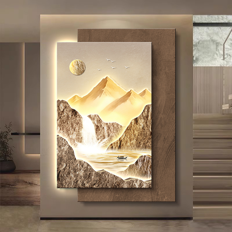 日照金山玄关装饰画立体高级山水画客厅过道楼梯挂画入户门壁灯画图片