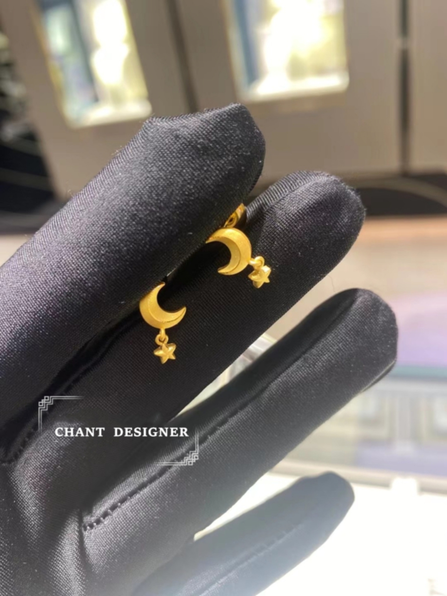 新款 弯弯月牙&星星月亮耳钉女黄金纯银星月耳坠耳环耳饰礼物足金