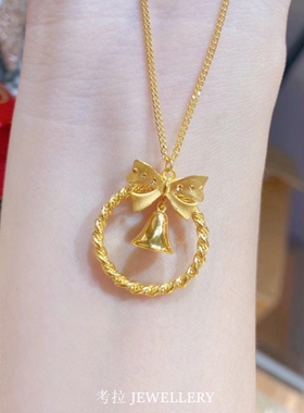 圣诞18K金蝴蝶结铃铛项链女在逃公主5G黄金纯银锁骨链新年礼物ins
