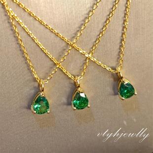 日本水滴镶钻项链纯银镀黄金色女祖母绿宝石色锁骨链短款颈链单钻