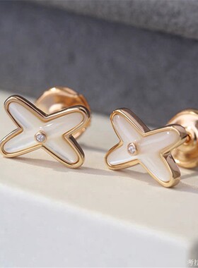 Liens缘系一生交叉白贝母耳钉女玫瑰金字母X型耳环耳饰纯银潮