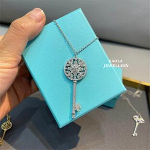 18K金花园钥匙项链 女白金纯银鸢尾花镶钻毛衣链长款太阳花礼物潮