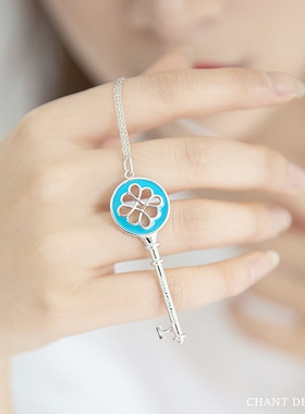 中国结钥匙项链女纯银蓝色珐琅同心结毛衣链长款蝴蝶结锁骨链