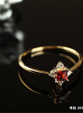 【小冰凌戒指】18K黄金石榴红纯银红宝石指环女钻石ins小众设计潮