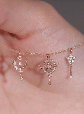 仙女星纯银镀玫瑰金18.K魔法星仙女棒项链女镶钻月亮星星魔法棒潮