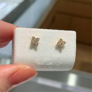 日本纯银镀黄金色四叶草耳钉 女幸运草耳环耳饰镶钻莫桑石个性潮