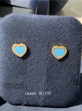 法国18K金蓝松石爱心耳钉 女黄金蓝色心形耳环纯银钻石耳饰小众潮