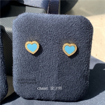 法国18K金蓝松石爱心耳钉 女黄金蓝色心形耳环纯银钻石耳饰小众潮