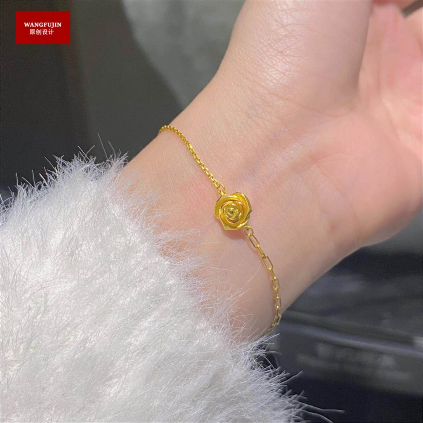调太幅【浪漫复古】玫瑰花手链女纯银镀黄金色时尚手镯山茶花礼物