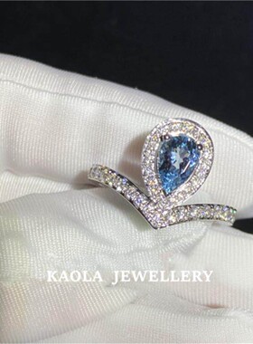 CHAMTUNT约瑟芬水滴海蓝宝戒指女白金纯银蓝宝石指环心形镶钻礼物