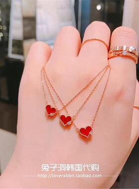 韩国18K金小红心项链 女纯银红色爱心锁骨链钻石心形圣诞礼物新年