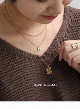 Louie Dams法国锁头四叶草项链女18K.金黑色金币方牌方块礼物纯银