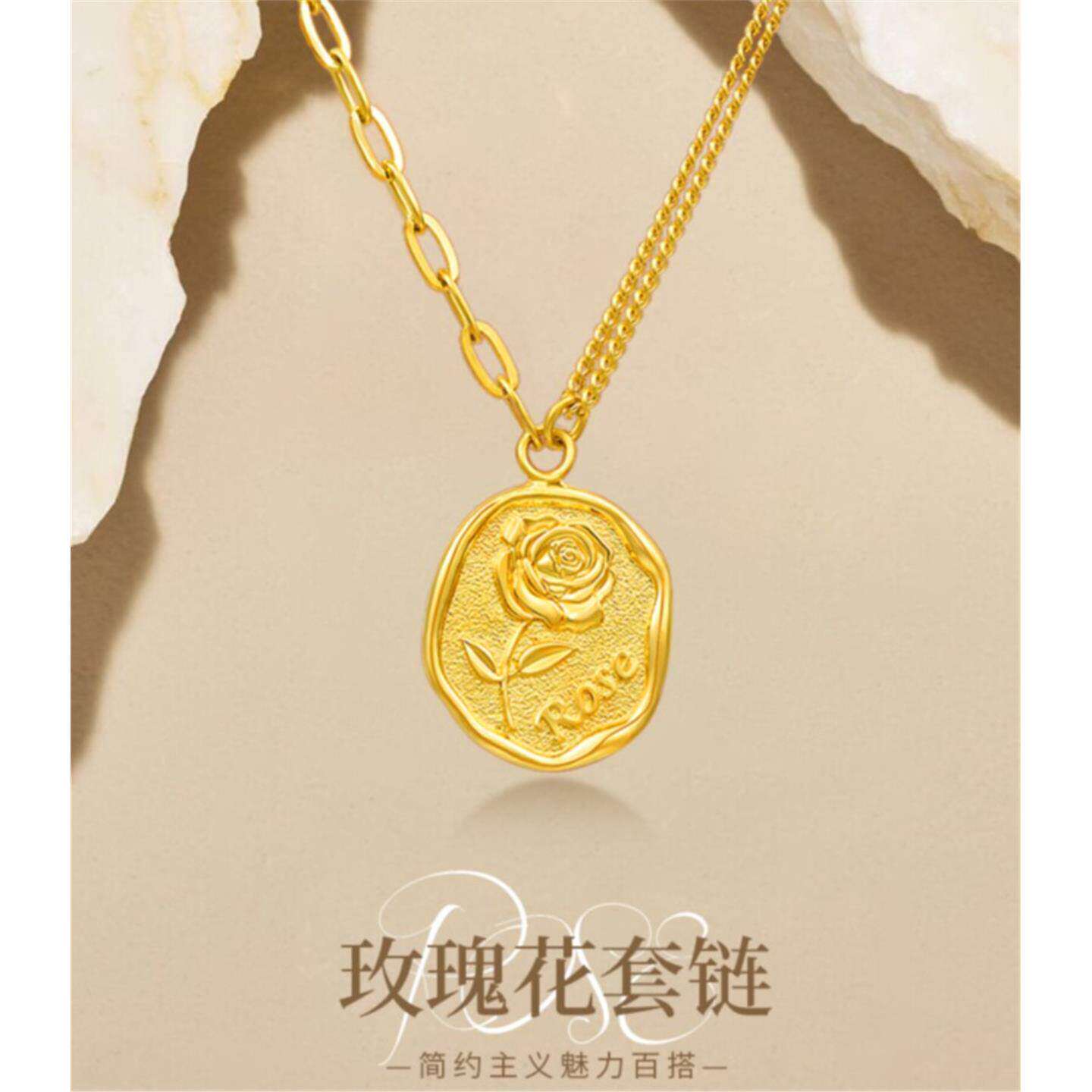 纯银镀黄金色法式复古玫瑰花牌项链女金币锁骨链花朵套链礼物百搭
