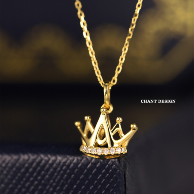 18K金【王冠】小皇冠项链 女黄金纯银钻石锁骨链排钻吊坠简约气质