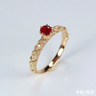 茜茜公主鸽血红宝石戒指 女18K玫瑰金麻花复古指环纯银黄·金带钻