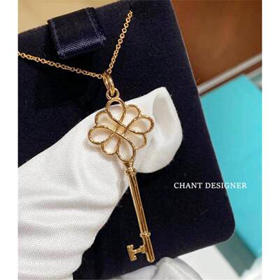 中国结钥匙项链 女纯银镀玫瑰金海蓝宝同心结毛衣链镶钻气质心锁