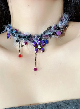 甜酷辣妹毛绒蝴蝶流苏锁骨链轻奢小众设计感紫色甜酷重工辣妹项链
