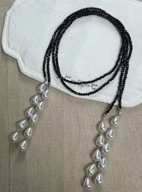 复古水晶双层串珠珍珠流苏项链法式优雅气质时尚轻奢锁骨链新款