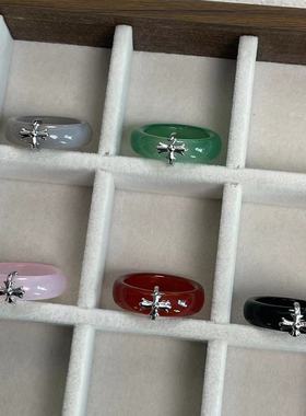 欧美时尚十字架天然石素圈戒指女复古潮流气质高级感轻奢指环戒