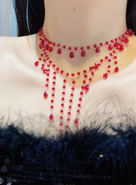 轻奢超闪红色水晶串珠流苏双层项链精致冷淡风时尚优雅锁骨链新款