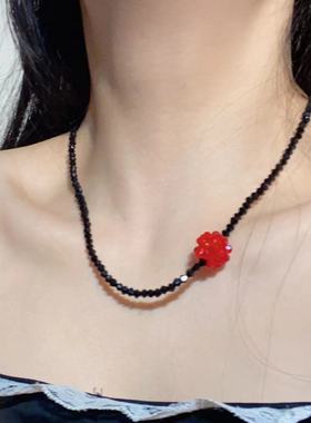 甜酷辣妹风黑色水晶串珠多层项链轻奢气质高级ins冷淡风锁骨链女