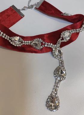 时尚轻奢超闪水钻流苏布艺项链法式优雅淑女气质高级感锁骨链新款