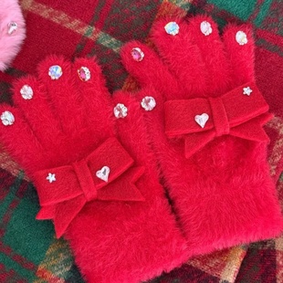 新年春节蝴蝶结手套仿貂毛冬季 防寒防冻户外骑车骑行学生少女保暖