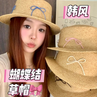 蝴蝶結草編帽子女春夏出游度假拍照草帽平頂遮陽防曬海邊網紅太陽
