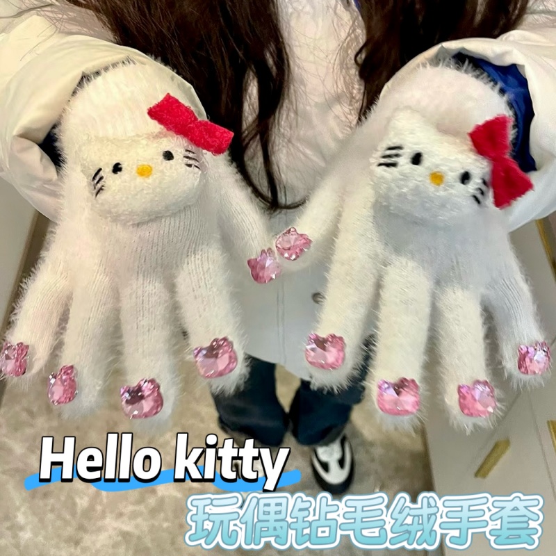 kt猫玩偶钻石毛线手套