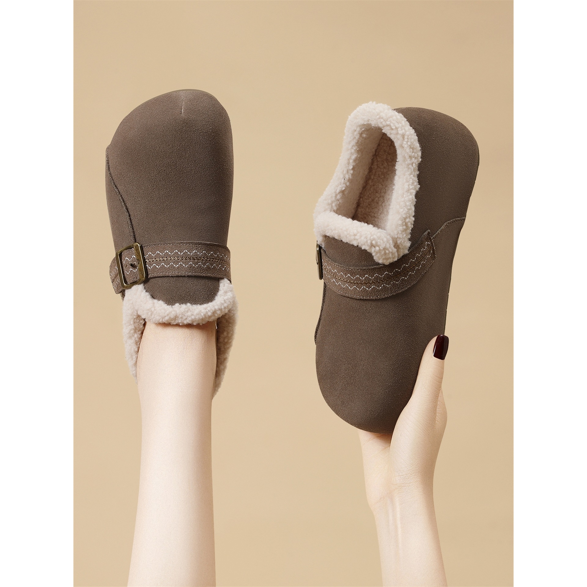 真皮勃肯鞋女加绒冬季新款羊羔毛皮带扣棉鞋一脚蹬防滑厚底乐福鞋