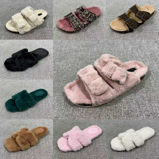 外贸秋冬新款毛毛拖鞋女可室外穿潮鞋一字拖大码女鞋家居 T4590