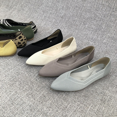 平跟尖头单鞋飞织透气工作鞋外贸