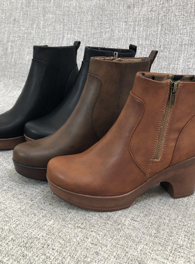 外贸新款欧洲站圆头高跟粗跟复古大码女鞋切尔西靴短靴 F3564