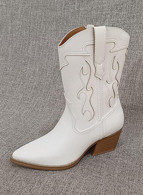 外贸全新微瑕复古尖头粗跟中筒靴大码女靴显瘦西部牛仔靴F4300