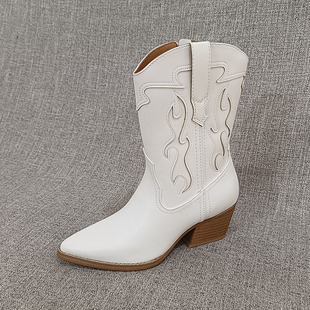 外贸全新微瑕复古尖头粗跟中筒靴大码女靴显瘦西部牛仔靴F4300