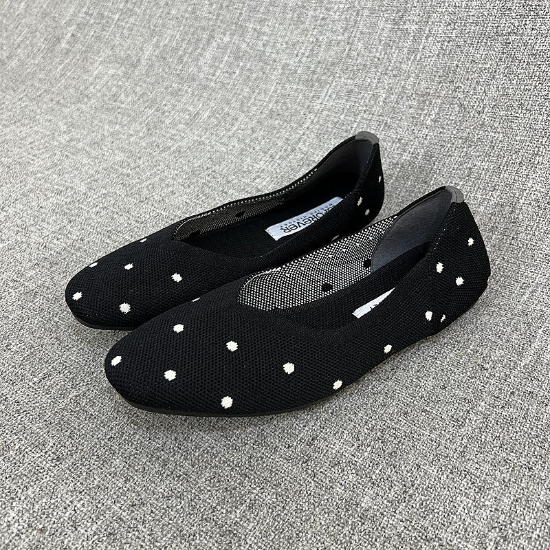外贸春秋款黑白圆点飞织透气不压脚平底单鞋大码女鞋懒人鞋 F5009,女鞋,浅口单鞋,淘宝优惠券,粉丝福利购,淘宝优惠卷