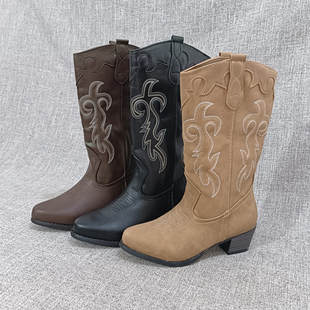 外贸韩版潮休闲刺绣粗跟中筒靴女鞋大脚大码女靴 骑士靴 F3749