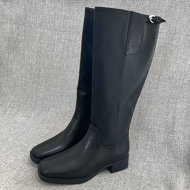 外贸百搭显瘦侧拉链高筒长靴粗跟PU革骑士靴大码女靴女鞋  T3851
