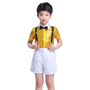 儿童演出服男童亮片背带裤男孩舞台装小学生舞蹈男生闪亮表演服装